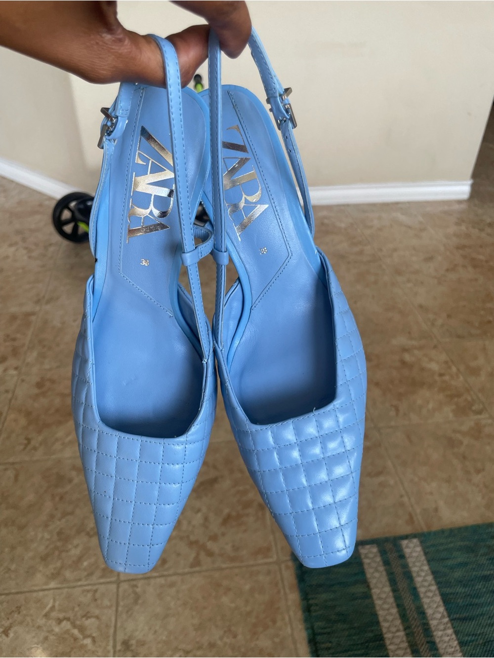 Zara Light Blue Quilted Slingback Heels